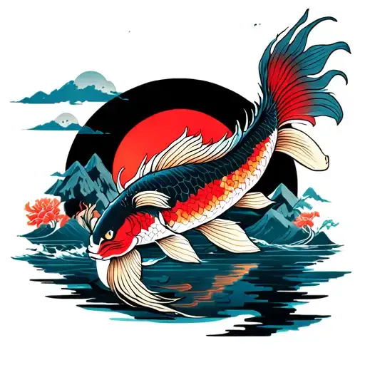 Dragons Koi fish in mountain rising sun and moon tattoo design idea