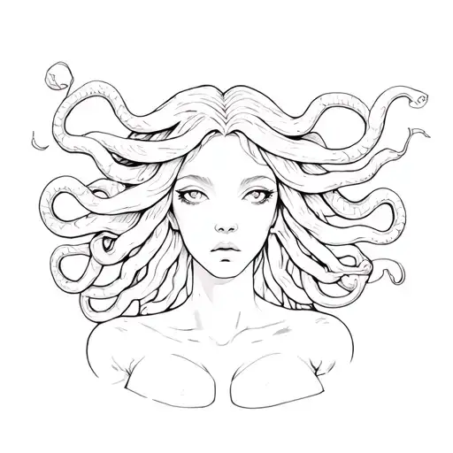 Fineline Medusa with white eyes. Not all her hair should be snakes there should be some normal hair . Behind the Medusa  tattoo design idea
