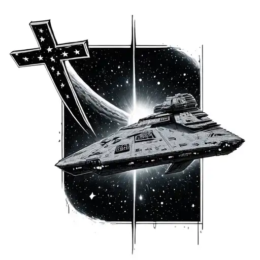 arm sleeve. interstellar black hole, imperial star destroyer, christian cross, american flag tattoo design idea