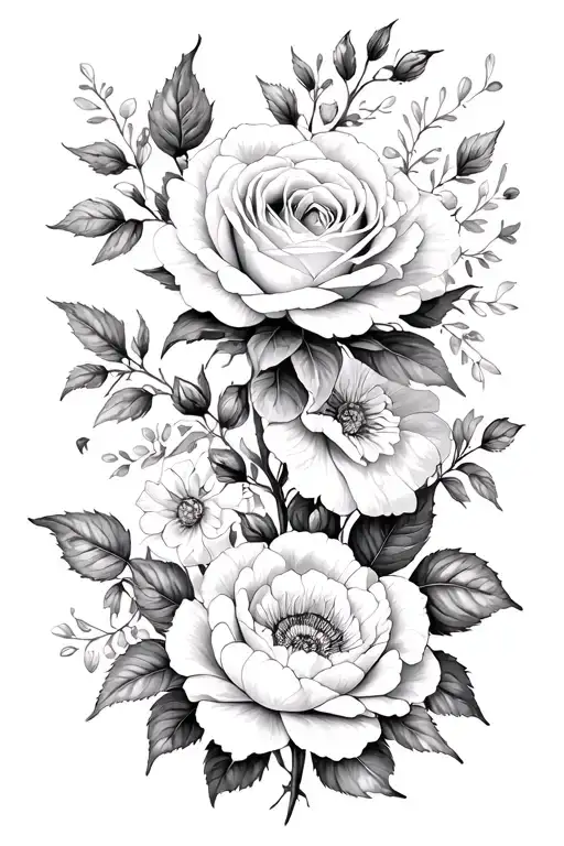 floral tattoo design une Rose et 2peony and other flowers tattoo design idea