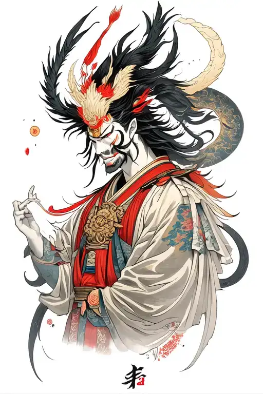 Incorporate elements of Japanese ukiyo-e art style into a tattoo of a mythical god, such as Amaterasu or Susanoo tattoo design idea