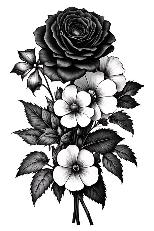 flower bouquet with Violets, Irises, Primroses, Black Baccara Roses, Dahlia Pinnatas tattoo design idea