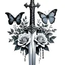 sword, roses, butterflies ans chains tattoo design idea