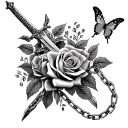 sword, roses, butterflies ans chains tattoo design idea