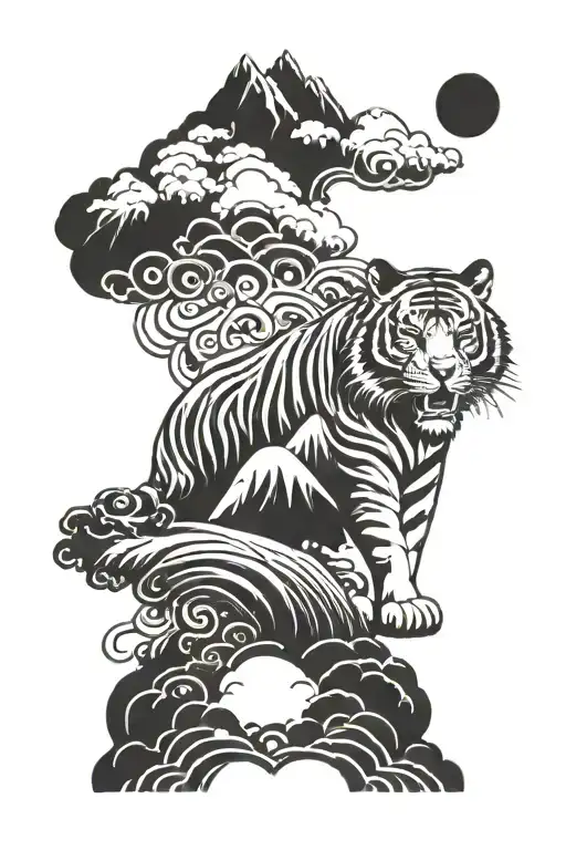 tribal style tattoo with tiger mountains clouds lotus earth inspired by Tibetan thangka art tattoo design idea