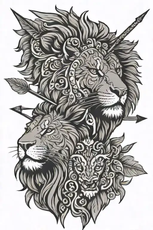 an arrow that splits a lions face with ukrainian embroidery as its mane tattoo design idea