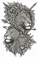 an arrow that splits a lions face with ukrainian embroidery as its mane tattoo design idea
