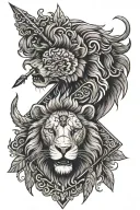 an arrow that splits a lions face with ukrainian embroidery as its mane tattoo design idea