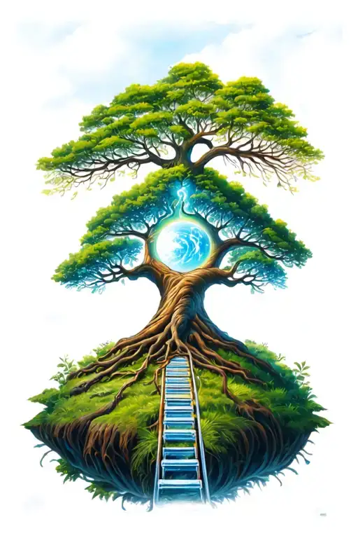 Tree of Life and Jacobs Ladder biblical hyper realism  tattoo design idea