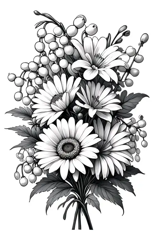 bouquet of open chrysanthemum, common daisies and lily of the valley  tattoo design idea
