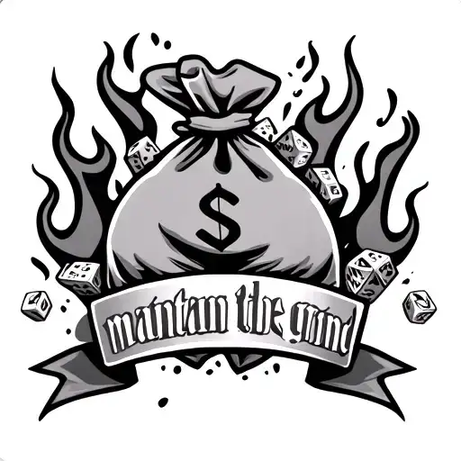 dice failing and flames, with money bag and title that says : maintain the grind tattoo design idea