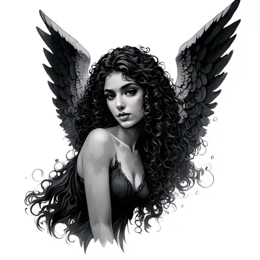 female Latina guardian angel curly hair tattoo design idea