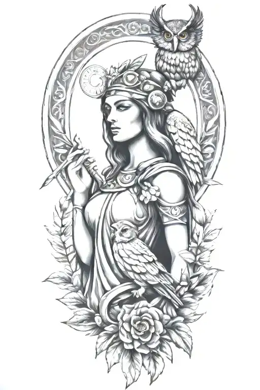 athena greek goddess with owl and parthenon and olive branch tattoo design idea
