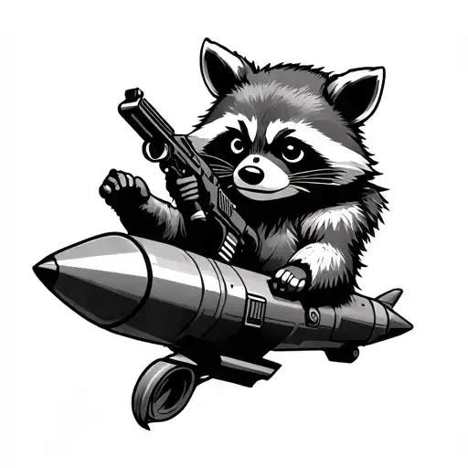rocket raccoon holding gun sitting on a missile tattoo design idea
