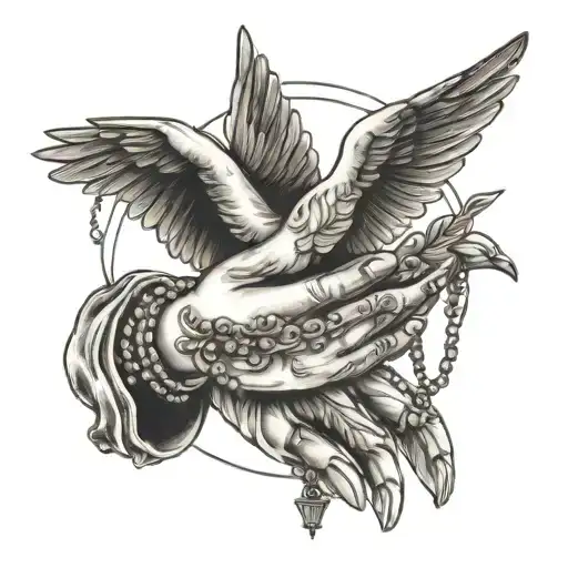 praying hands holding rosary with dove flying tattoo design idea