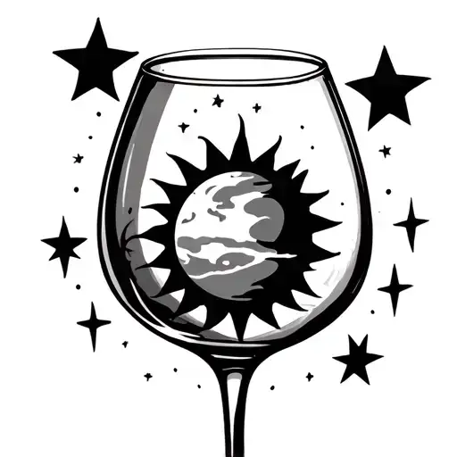 wide wine glass, short stem, connected sun and mars inside it, two stars around them. tattoo design idea