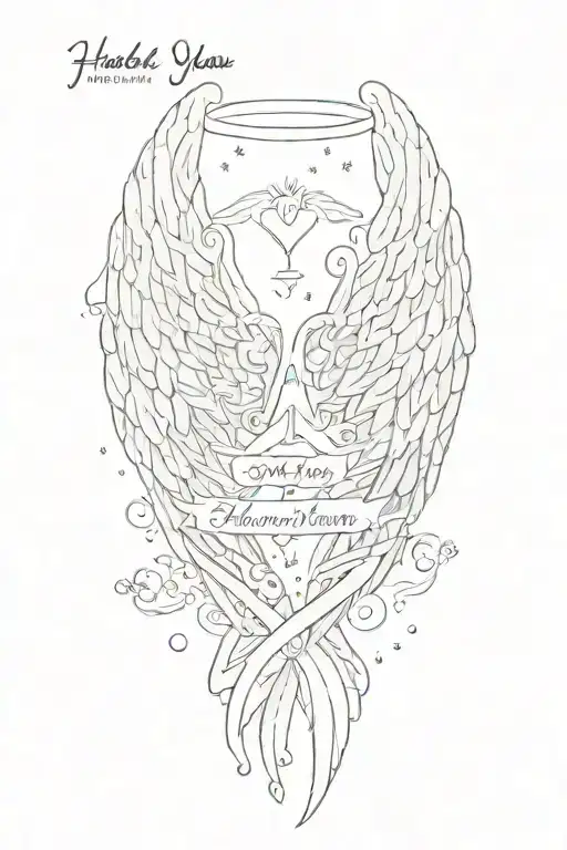 angel wings with words half of my heart is in heaven with my angel. date of birth and death with the words I love you  tattoo design idea