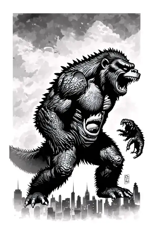 King Kong with scares from war with Godzilla looking down on him dark faded background with skyline outlined tattoo design idea
