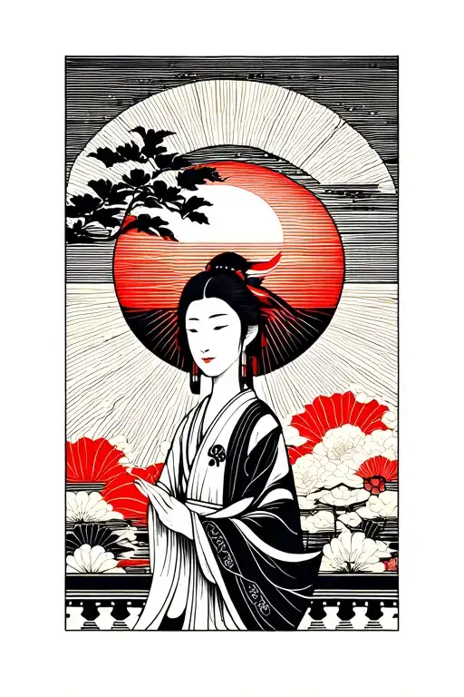 Japanese sun, Shinto shrine in a wood block print style tattoo design idea