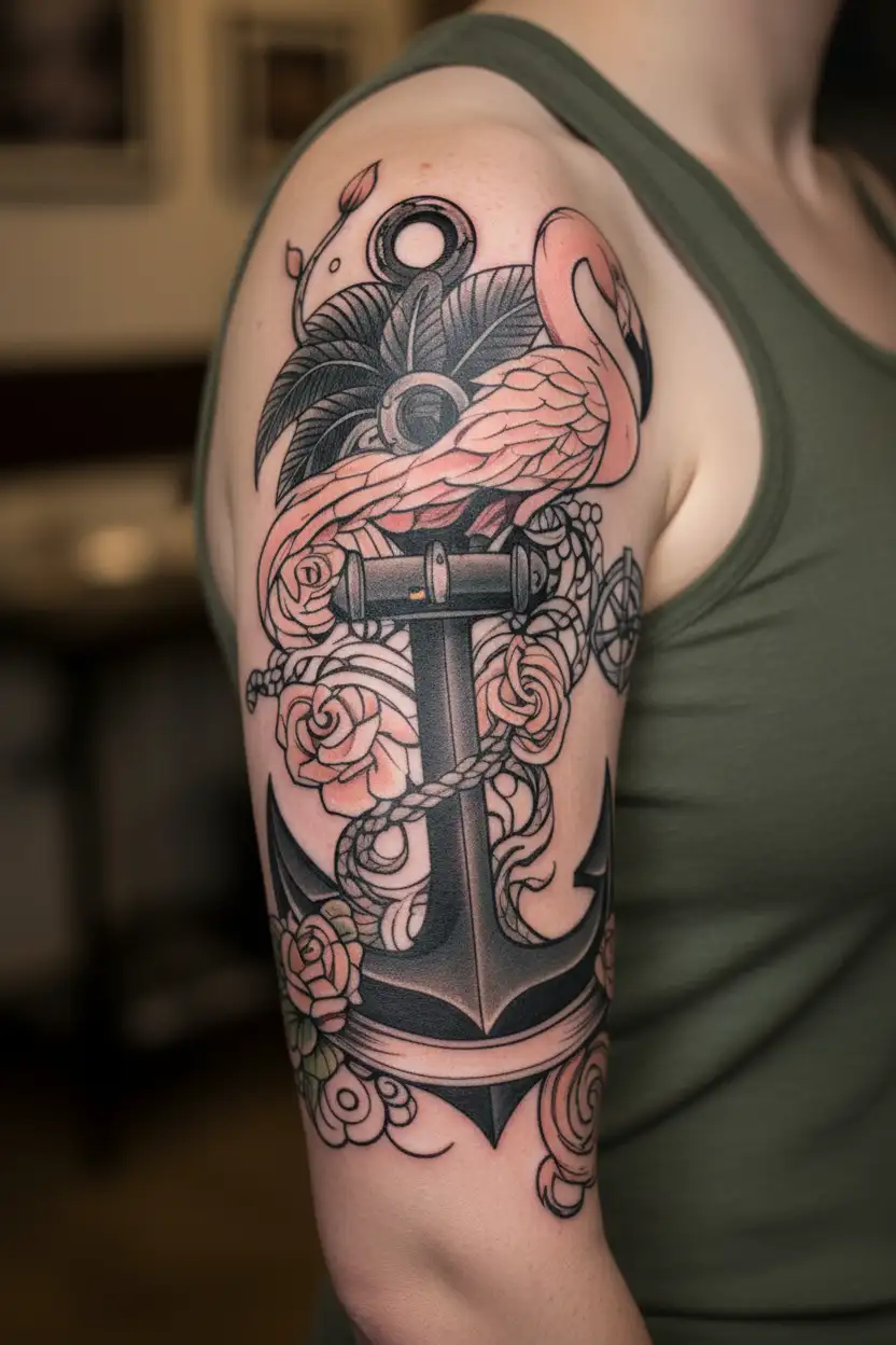 anchor and flamingo combined together tattoo design idea