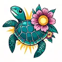 sea turtle with flowers and a sun shinning tattoo design idea