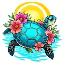 sea turtle with flowers and a sun shinning tattoo design idea