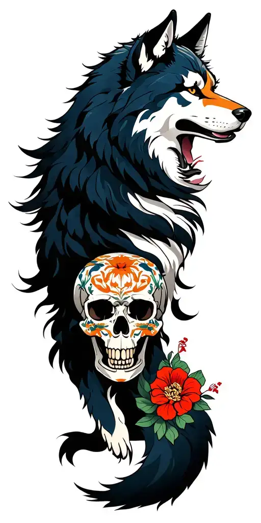 Japanese wolf and skull tattoo design idea