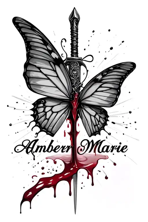 a dagger stabbing a butterfly striaght down the spine dripping blood into a tramp stamp of the name AmberMarie  tattoo design idea