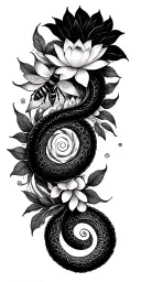 timeless nature inspired mandala.  Feminine and weaving snake, bee, and lotus flower tattoo design idea