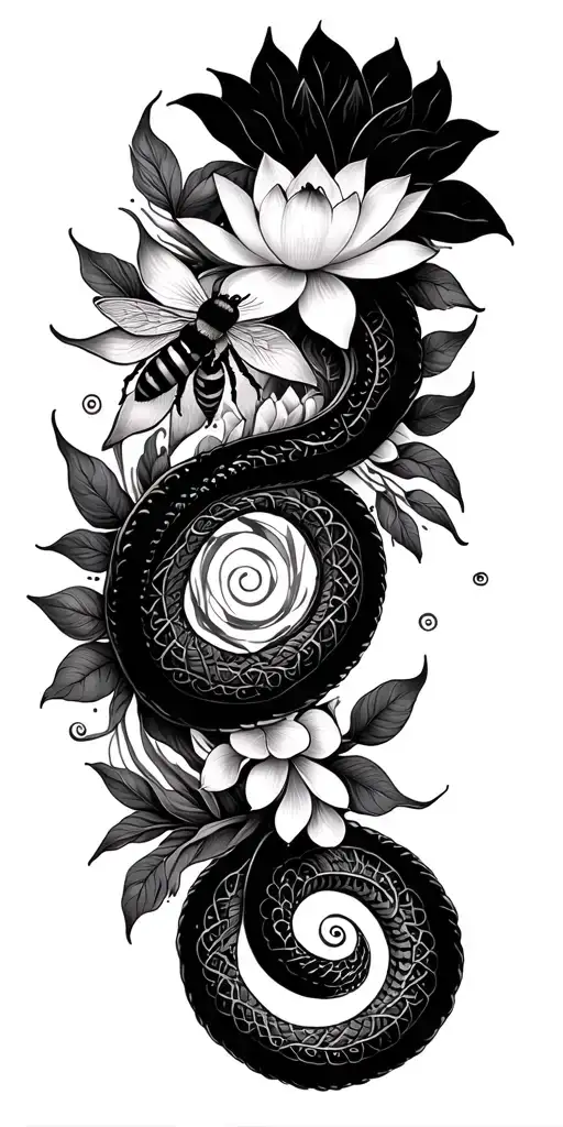 timeless nature inspired mandala.  Feminine and weaving snake, bee, and lotus flower tattoo design idea