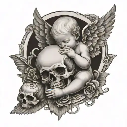 praying baby angel , dove, skull tattoo design idea