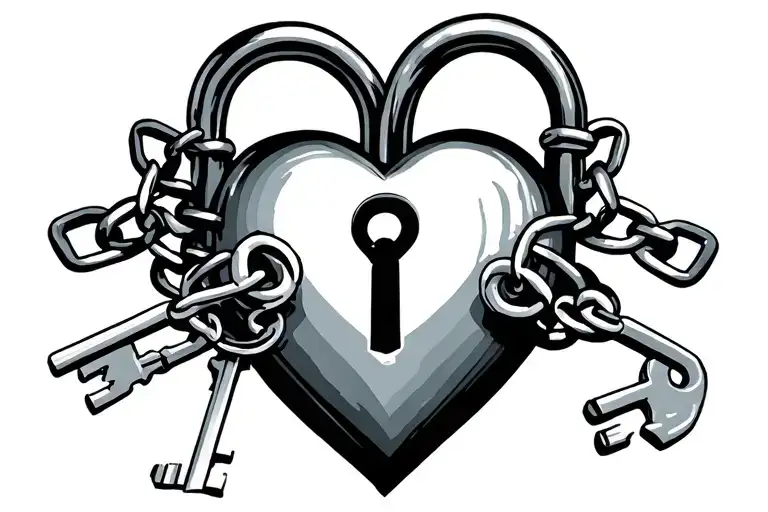  heart lock with chains and 3  keys tattoo design idea
