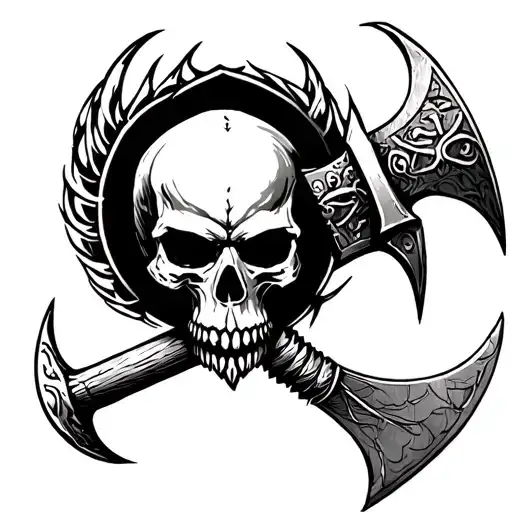 Tattoo of a skull with a Diabolic double edge viking ax tattoo design idea