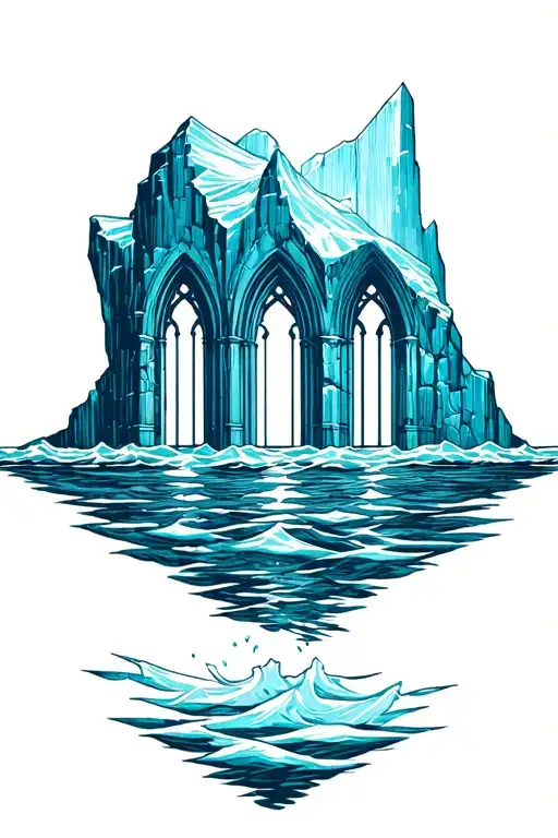 Minimalist fine-line tattoo, iceberg above sea, submerged part made of 3 inverted gothic windows (pointed arches downwar tattoo design idea
