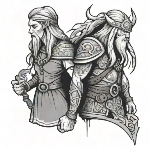 simple viking man witch woman couple holding hands tattoo design idea