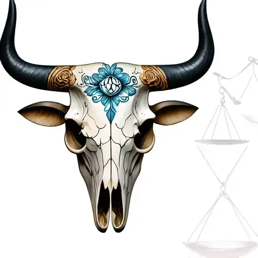 bull skull with sugar skull markings all over and Libra scales tattoo design idea