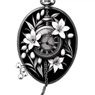 pocket watch with chain surrounded by narcissus, olive branches, lily of the valley  tattoo design idea
