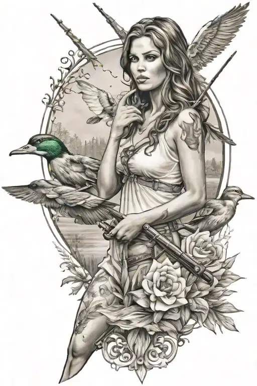duck hunting goddess sexy woman tattoo design idea