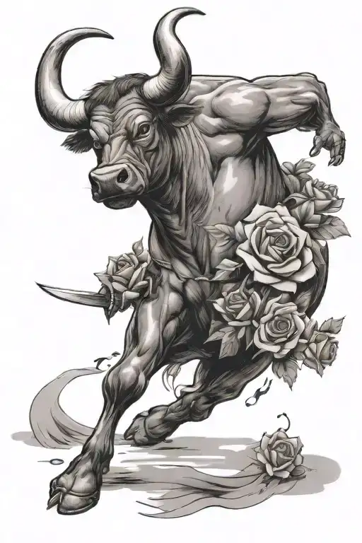 bull in a spanish arena with swords in its back standing proud with roses being thrown all around him tattoo design idea