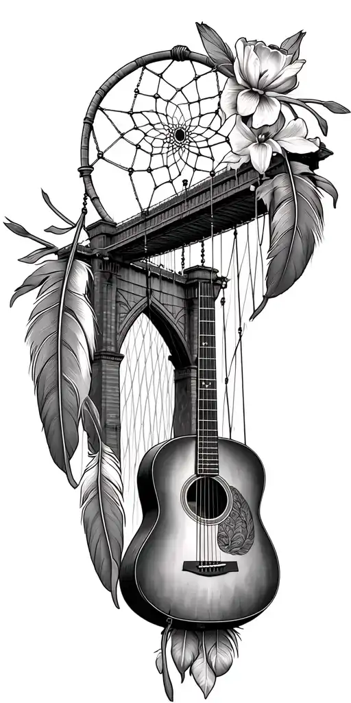 Brooklyn bridge, dream catcher with 4 feathers, a Spanish guitar, water and tulips tattoo design idea