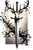 very thin swords wrapped  with deer head handle small leaves running vines tattoo design idea