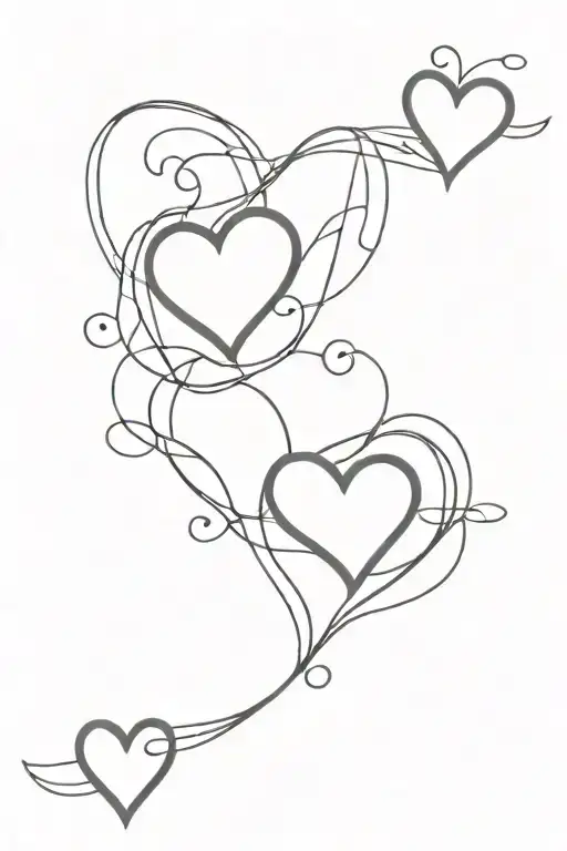 three hearts one below the other in a thin line. on the line of each heart there will be an initial. tattoo design idea