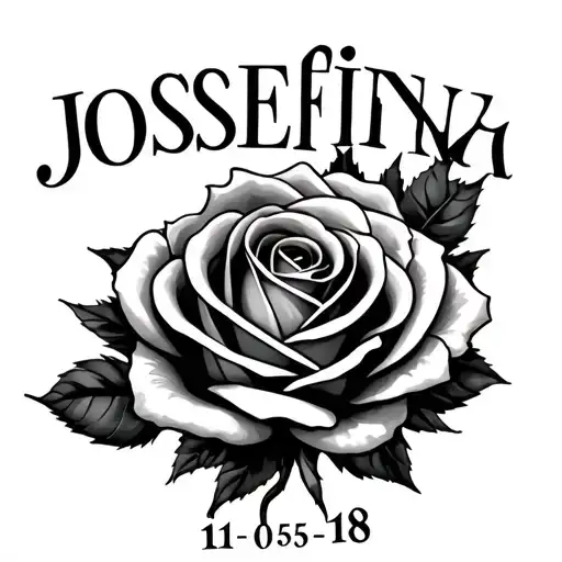 face of a rose with the name josefina next to it and 11-05-18 in roman numerals  tattoo design idea
