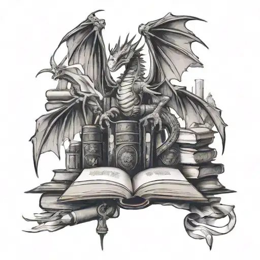 ink quill pen, books, dragons flying tattoo design idea