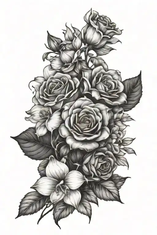rose, calla lillie, orchid, sunflower bouquet tattoo design idea