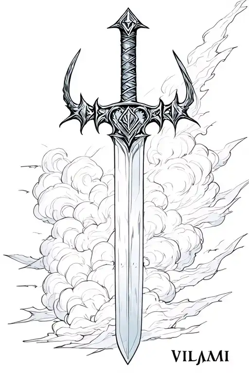 frostmourne sword with text Viljami and it has some stormy clouds background tattoo design idea