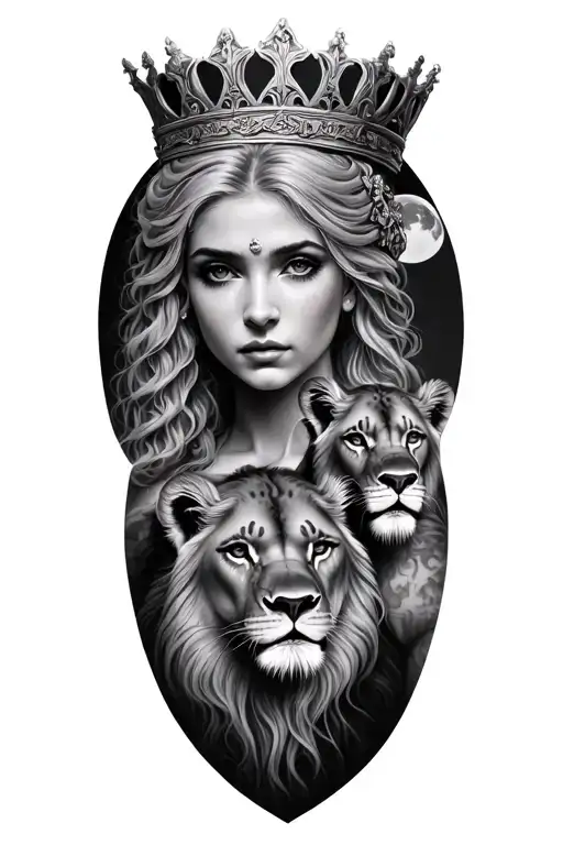 black & grey realism- beautiful greek goddess with light color hair, wearing crown, 2 lion cubs and moon tattoo design idea