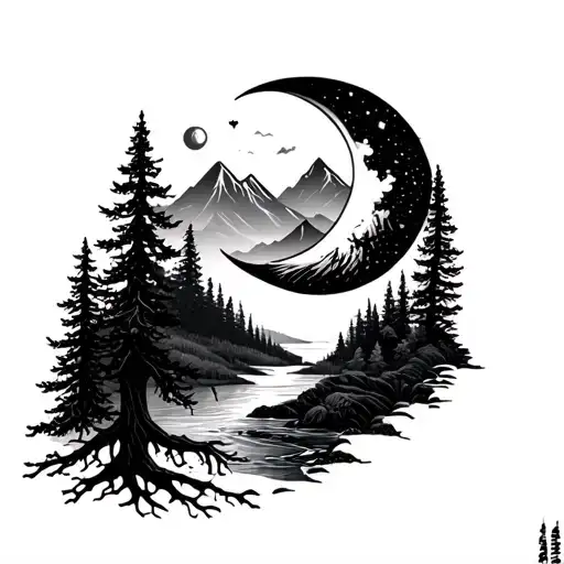 crescent moon and mountains and pine trees and creek and tree of life with long roots tattoo design idea