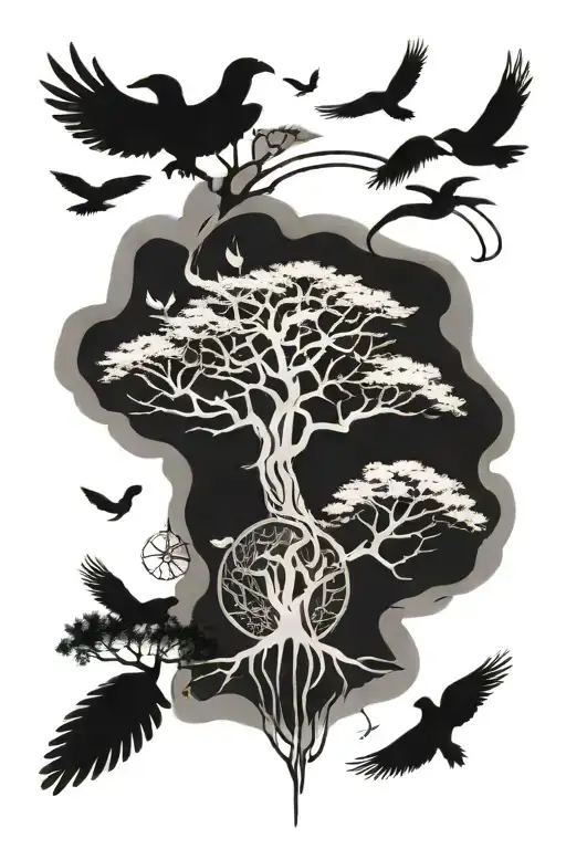 forearm tattoo Leonardo da Vinci with fine line symbols, tree, Africa, cross birds and writing tattoo design idea