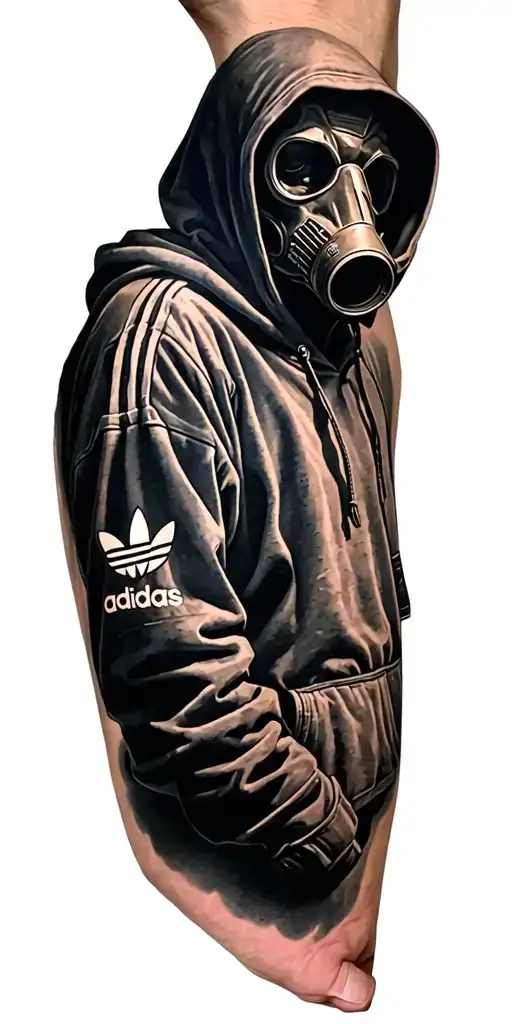 grim reaper in a wartime gas mask wearing an Adidas hoody tattoo design idea